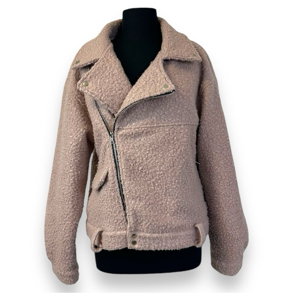 Honey Punch Blush Teddy Moto Jacket Large Bouclé Sherpa Wool Blend Biker Coat